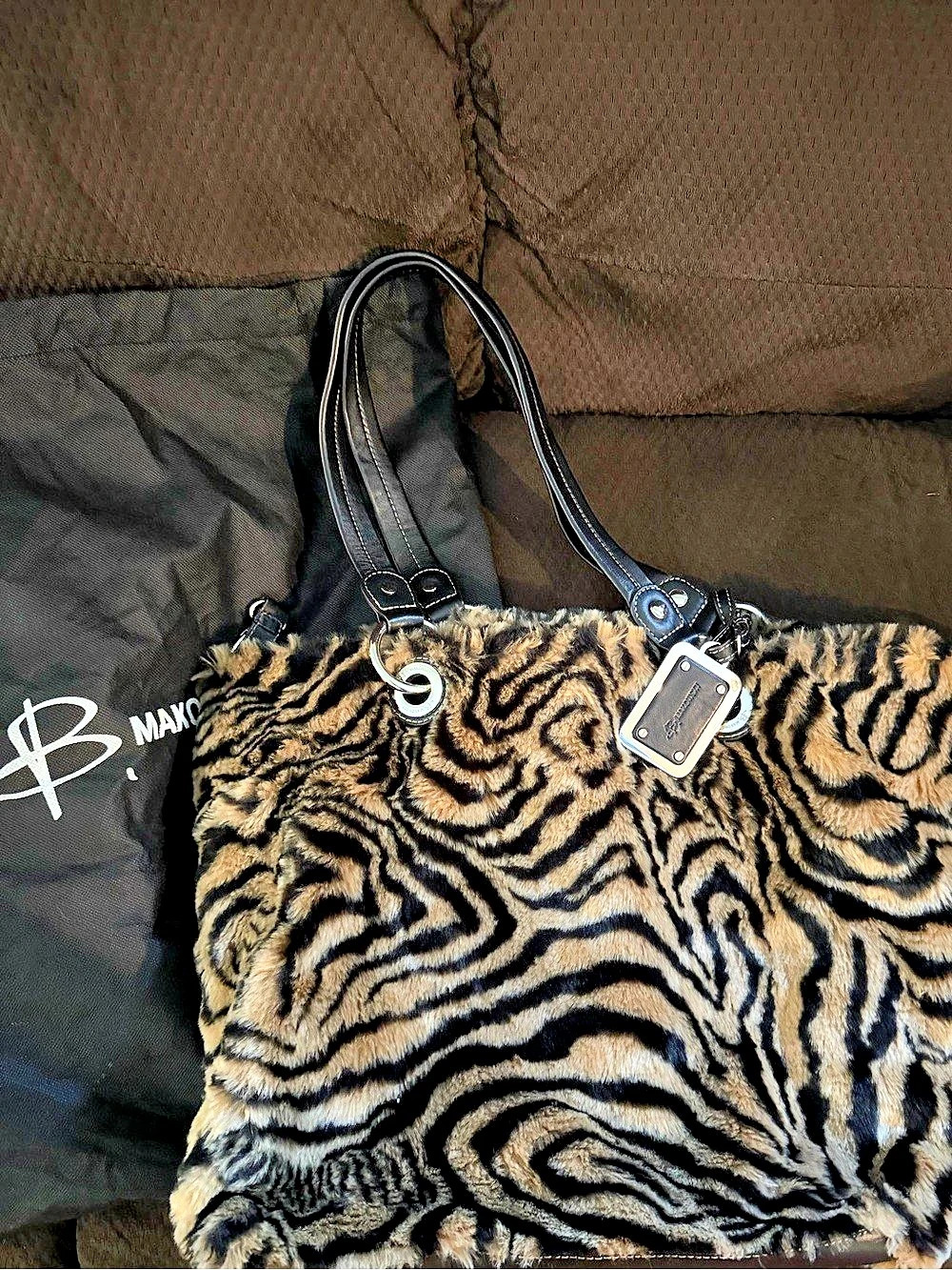 B Makowsky Vintage Faux Fur and Leather Leopard Tiger Print Shoulder Tote Bag